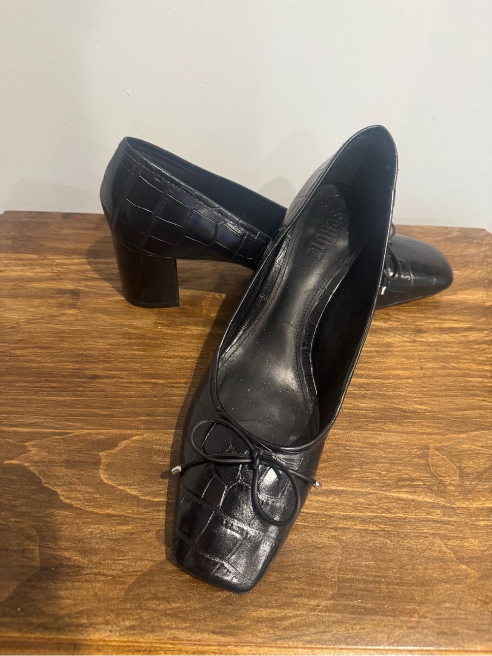 SCHUTZ Black Croc-Effect Square Toe Block Heel Pumps